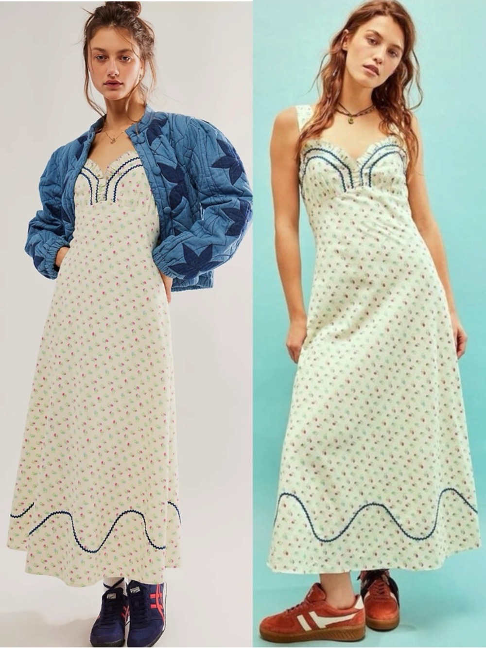 Free People Dainty Western Prairie Sweet Hearts Midi Dress in Ivory Combo Small
